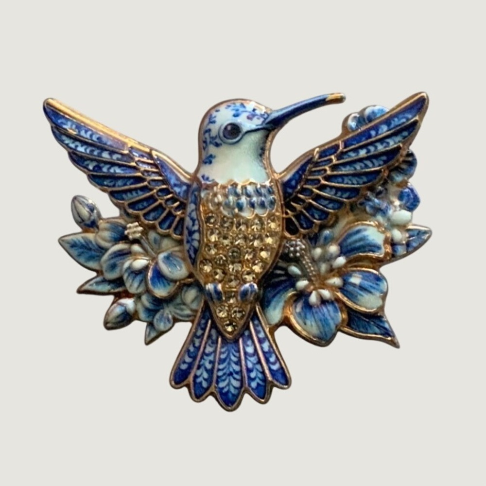 Vintage Blue Enamel Hummingbird Brooch Gold Tone Rhinestone Bird Pin